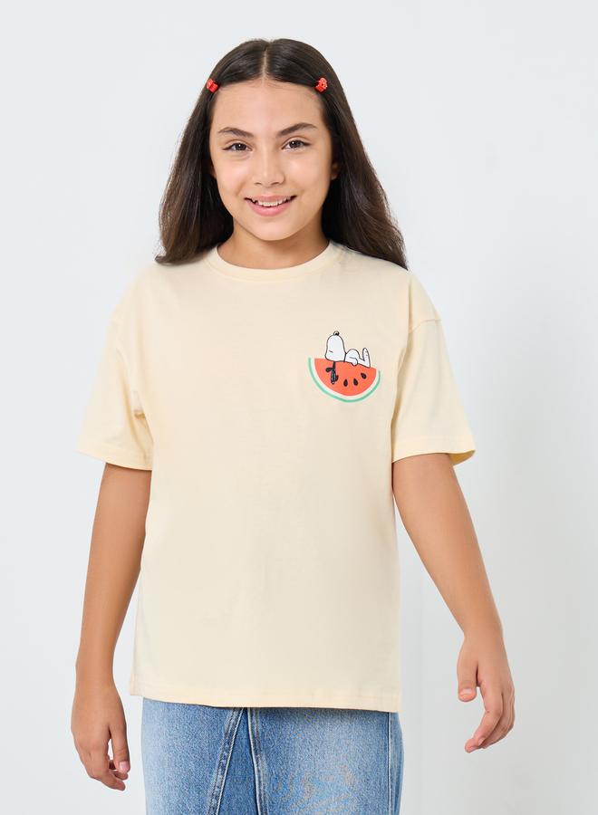 Styli Girls Beige Snoopy Graphic Oversized T-Shirt - Image 1
